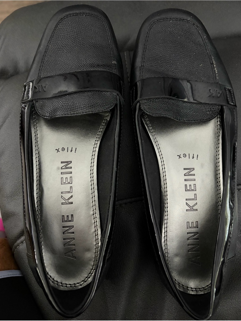 Anne Klein Black Patent & Fabric Penny Loafers